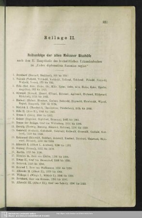 Beilage II. Reihenfolge der alten Meissner Bischöfe nach dem II. Haupttheile des hochstiftlichen Urkundenbuches im „Codex diplomaticus Saxoniae regiae“