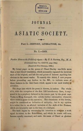 Journal of the Asiatic Society of Bengal. Part 1, History, antiquities, etc, 38. 1869, Part. 1