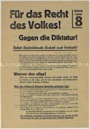 Großformatiges Flugblatt der DDP Württembergs und Hohenzollerns zur Reichstagswahl am 31. Juli 1932