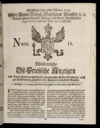 Num. 11. Montags den 30ten Octobris 1747.