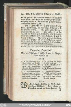 Das achte Hauptstük. Von den Pflichten des Christen in der bürgerlichen Geselschaft.