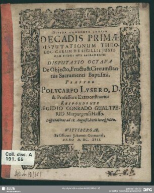 Disputatio Octava De Objecto, Fructu & Circumstantiis Sacramenti Baptismi