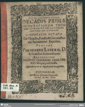Disputatio Octava De Objecto, Fructu & Circumstantiis Sacramenti Baptismi