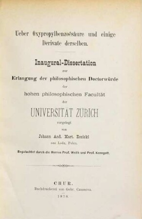 Ueber Oxypropylbenzoësäure und einige Derivate derselben : Inaug.-Diss. der Univ. Zürich
