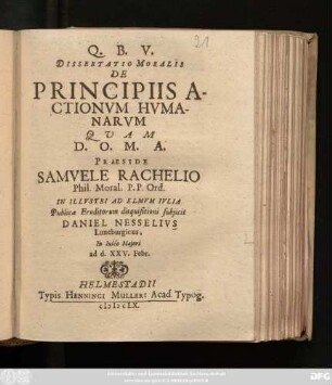 Dissertatio Moralis De Principiis Actionum Humanarum