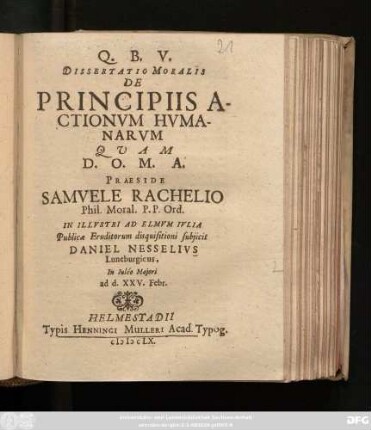 Dissertatio Moralis De Principiis Actionum Humanarum
