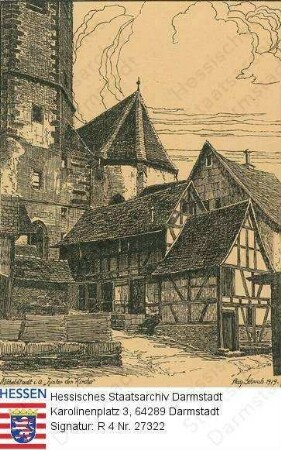 Michelstadt im Odenwald, Pfarrkirche / Rückseite mit Chor und Turm mit Sakristei