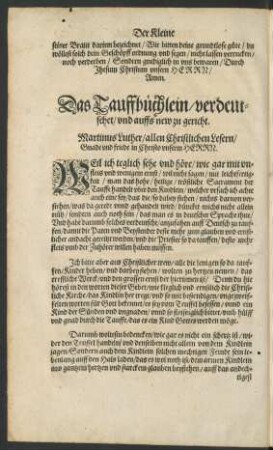 Das Tauffbüchlein/ verdeutschet/ und auffs new zu gericht.