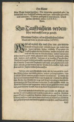 Das Tauffbüchlein/ verdeutschet/ und auffs new zu gericht.