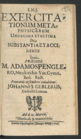 Exercitationum Metaphysicarum Undecima Et Ultima De Substantia Et Accidente