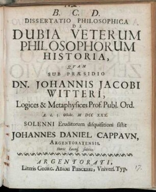 Dissertatio Philosophica De Dubia Veterum Philosophorum Historia