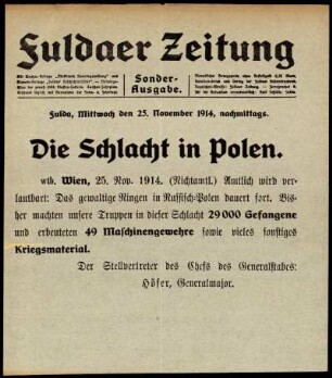 Erste Ausgabe vom Mittwoch, den 25. November 1914.