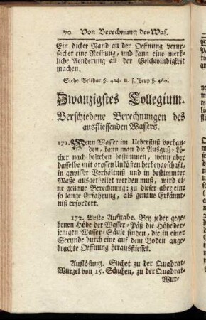 Zwanzigstes Collegium. Verschiedene Berechnungen des ausfliessenden Wassers.