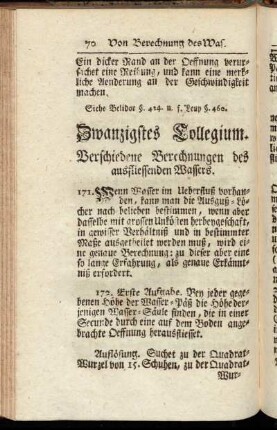 Zwanzigstes Collegium. Verschiedene Berechnungen des ausfliessenden Wassers.