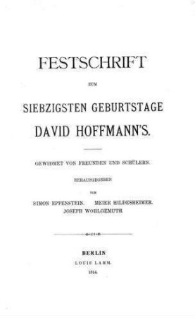 Bibliographie der Schriften und Aufsätze des Dr. D. Hoffmann / Leopold Fischer