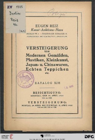Versteigerung von modernen Gemälden, Plastiken, Kleinkunst, Japan- u. Chinawaren, echten Teppichen etc. : Versteigerung 20. bis 21. April 1925 (Katalog Nr. 46)