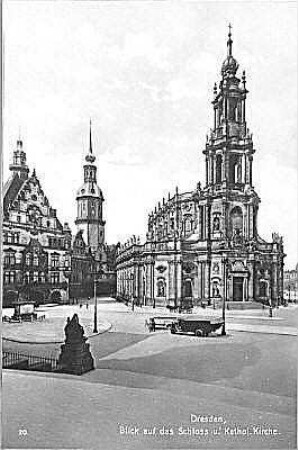 Dresden, Altstadt : Dresden-Altstadt. Blick von der Brühlschen Terrasse gegen Georgenbau, Residenzschloß mit Hausmannsturm und Katholische Hofkirche. Ansicht nach Südwesten