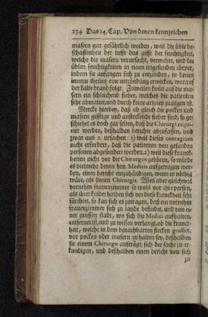 Das 14. Capitel. Von denen kennzeichen der pocken und masern, und was dabey zu befürchten.