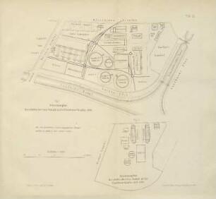 Tafel III. Fig. 1. Situationsplan der städtischen Gas-Anstalt an der Gitschiner Strasse. 1896 ; Fig. 2. Situationsplan der städtischen Gas-Anstalt an der Gitschiner Strasse. 1847-1849
