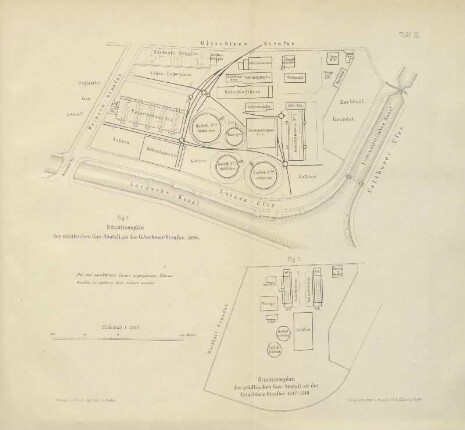 Tafel III. Fig. 1. Situationsplan der städtischen Gas-Anstalt an der Gitschiner Strasse. 1896 ; Fig. 2. Situationsplan der städtischen Gas-Anstalt an der Gitschiner Strasse. 1847-1849