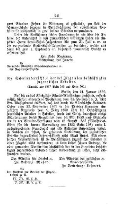 Schulunterricht etc. der bei Ziegeleien beschäftigten jugendlichen Arbeiter : [V. Elementarschulwesen]