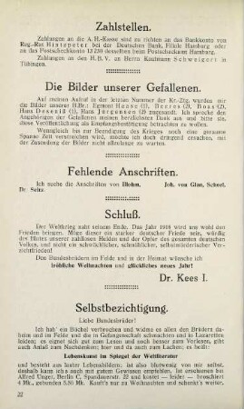 22 Zahlstellen. Die Bilder unserer Gefallenen. Fehlende Anschriften. Schluß. Selbstbezichtigung.