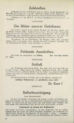 22 Zahlstellen. Die Bilder unserer Gefallenen. Fehlende Anschriften. Schluß. Selbstbezichtigung.