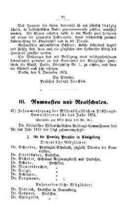 Zusammensetzung der Wissenschaftlichen Prüfungs-Commissionen für das Jahr 1873 : [III. Gymnasien und Realschulen]