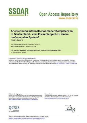Anerkennung informell erworbener Kompetenzen in Deutschland - vom Flickenteppich zu einem umfassenden System?