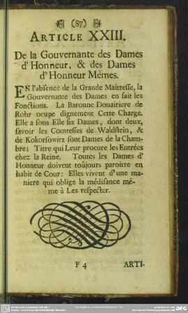 Article XXIII. De la Gouvernante des Dames d'Honneur, & des Dames d'Honneur Memes