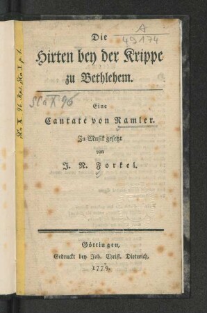 Die Hirten bey der Krippe zu Bethlehem : Eine Cantate