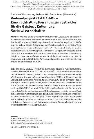 Verbundprojekt CLARIAH-DE – Eine nachhaltige Forschungsinfrastruktur für die Geistes-, Kultur- und Sozialwissenschaften