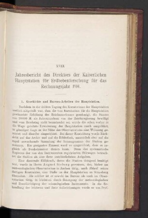 XVIII. Jahresbericht des Direktors der Kaiserlichen Hauptstation für Erdbebenforschung für das Rechnungsjahr 1904