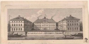 Die Calberlasche Zuckersiederei (später Hotel Bellevue) in Dresden von Nordosten über die Elbe gesehen