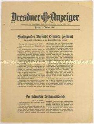 Nachrichtenblatt "Dresdner Anzeiger" mit Meldungen des Oberkommandos der Wehrmacht und des italienischen Oberkommandos u.a. zur Schlacht um Stalingrad und zur Versenkung von vier britischen Schnellbooten vor der holländischen Küste