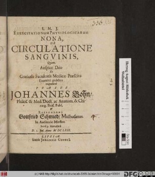 Exercitationum Physiologicarum Nona, De Circulatione Sanguinis