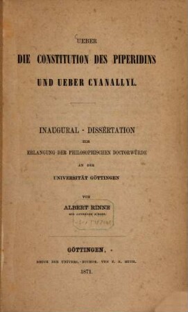 Ueber die Constitution des Piperidins und über Cyanallyl : Inaug. Diss.