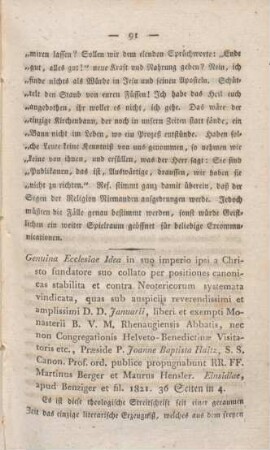 91-100 [Rezension] Genuina Ecclesiae Idea in suo imperio ipsi a Christo fundatore suo collato per positiones canonicas stabilita et contra Neotericorum systemata vindicata