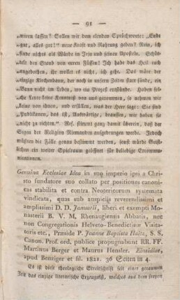 91-100 [Rezension] Genuina Ecclesiae Idea in suo imperio ipsi a Christo fundatore suo collato per positiones canonicas stabilita et contra Neotericorum systemata vindicata
