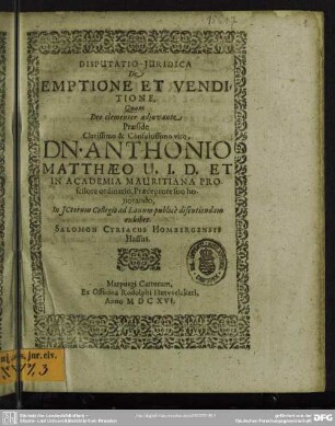 Disputatio Juridica De Emptione Et Venditione