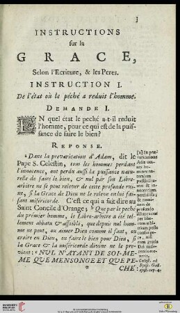 Instructions sur la Grace Selon l’ecriture, & les Peres