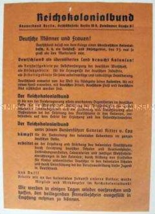 Propagandaflugblatt des Reichskolonialbundes mit Mitgliederwerbung