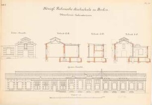 Technische Hochschule Berlin Maschinenlaboratorium: Gartenansicht, Seitenansicht, 3 Querschnitte 1:100