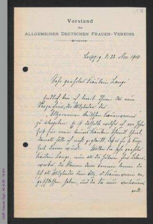 Brief von Johanna Brandstetter an Helene Lange