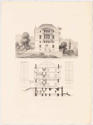 Werke der höheren Baukunst, Darmstadt 1856 Schloss im Gebirge: Aufriss Seitenansicht, Schnitt, Geländerdetails