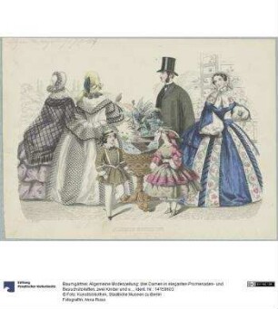 Allgemeine Modenzeitung: drei Damen in eleganten Promenaden- und Besuchstoiletten, zwei Kinder und ein Herr in Tageskleidung