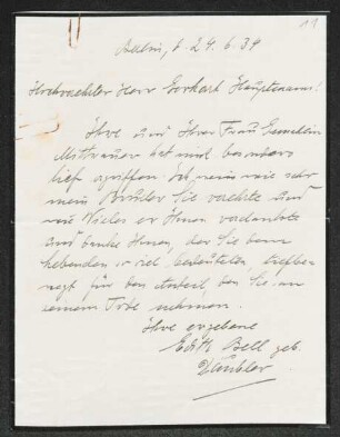 Brief von Edith Bell an Gerhart Hauptmann