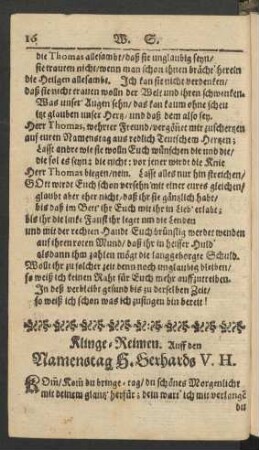 Klinge-Reimen. Auff den Namenstag H. Gerhards V. H.