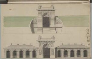 Wesel, Stadttor mit Wachhäusern, Entwurf, Aufrisse : Wesel, Stadttor mit Wachhäusern, Entwurf, Aufrisse von Feld- und Stadtseite, Jean de Bodt, 1. Hälfte 18. Jh. Feder, Pinsel in Wasserfarbe/Papier. 29,5 x 48 cm. Bez.: "Facade de memes Corps de Gardes. D."