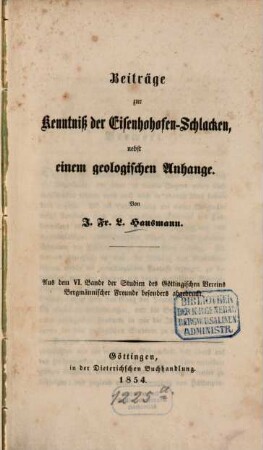 Beiträge zur Kenntniß der Eisenhohofen-Schlacken : nebst einem geologischen Anhange